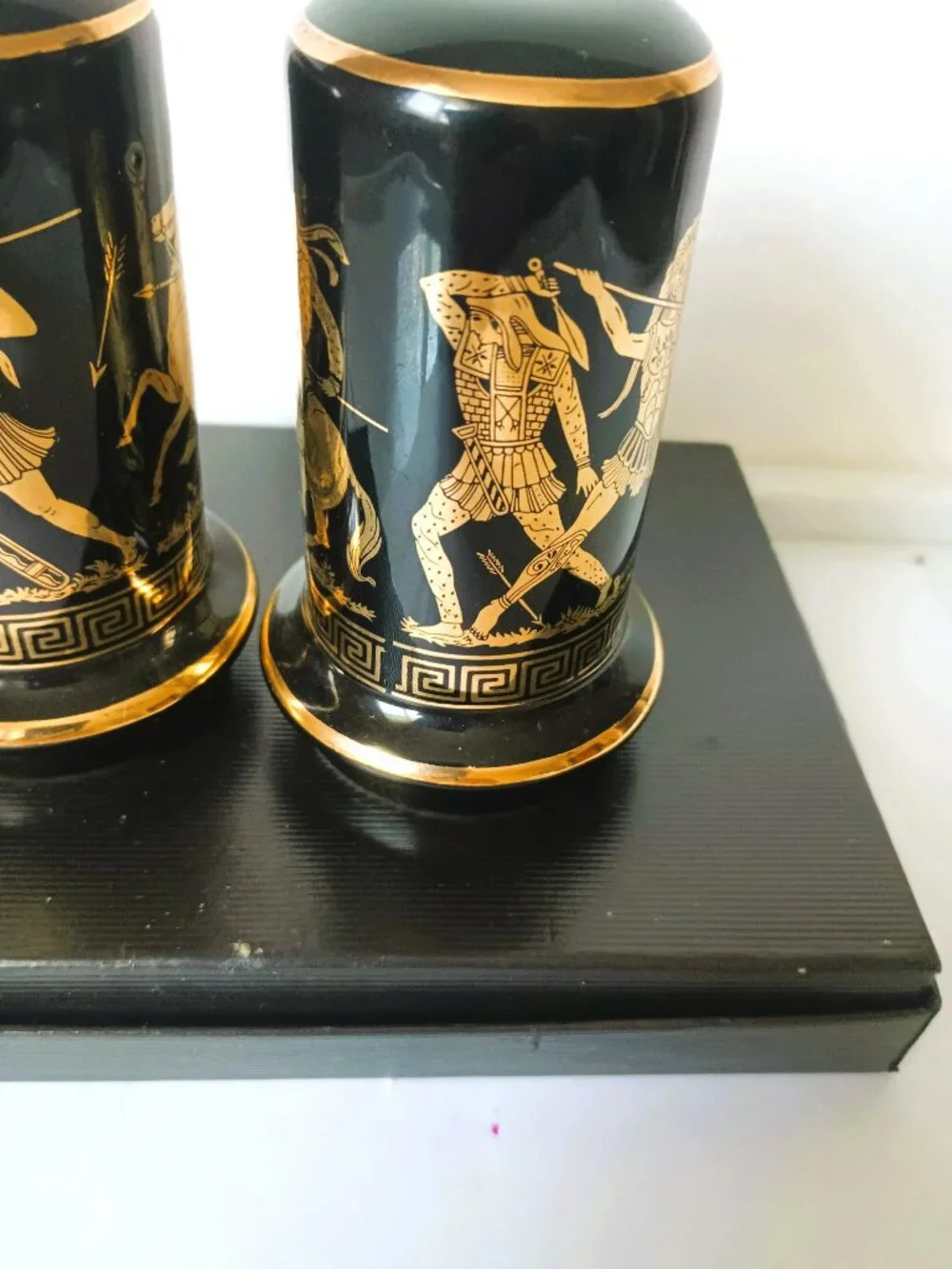 Greek Key Salt & Pepper Shakers Vintage Black with 24K Gold Trim